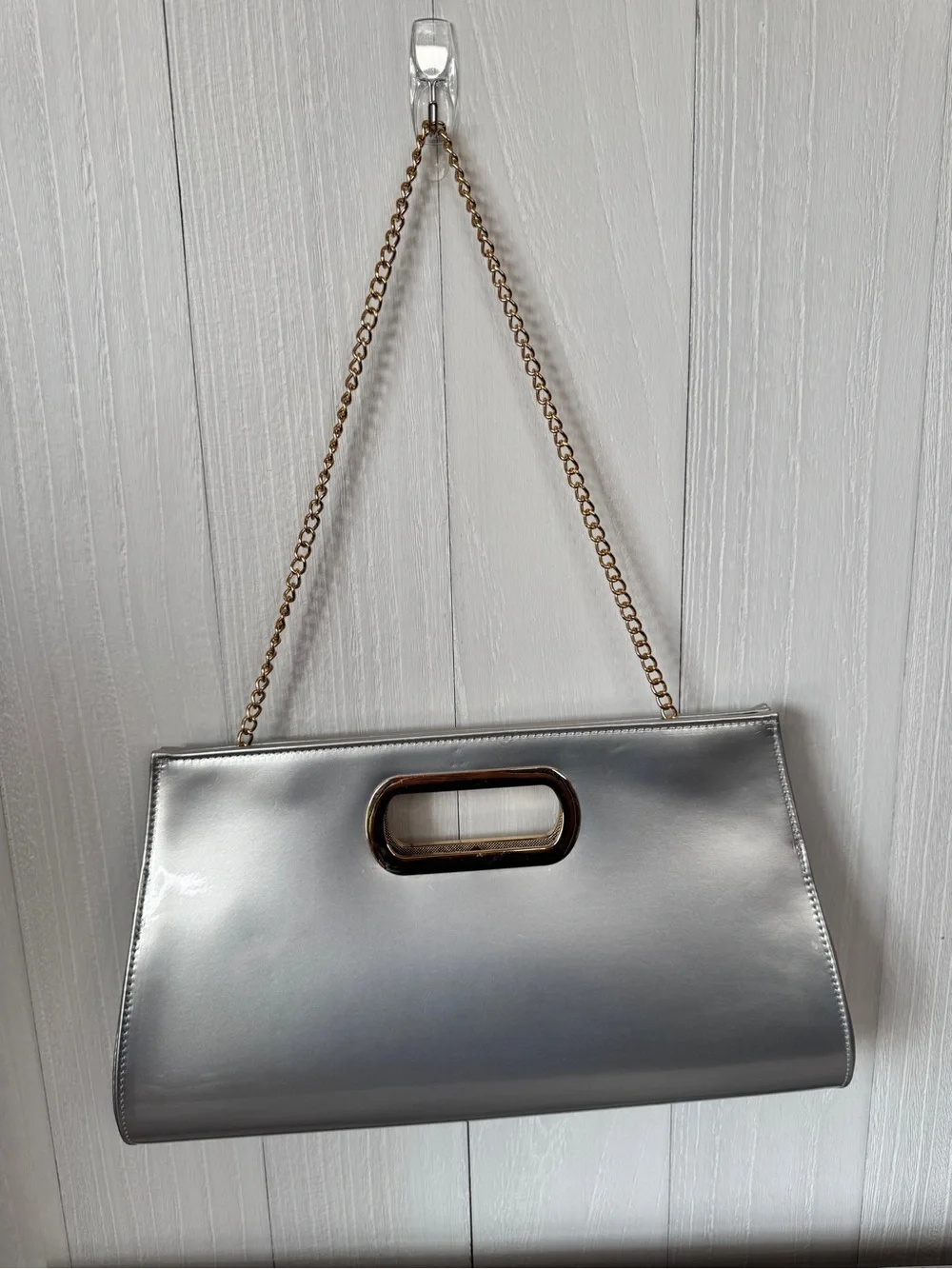 Metallic Silver Chain-Handle Women’s Clutch Bag
